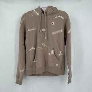 Champion Womens Logo Hoodie Size L Reverse Weave Brown Y2K Streetwear